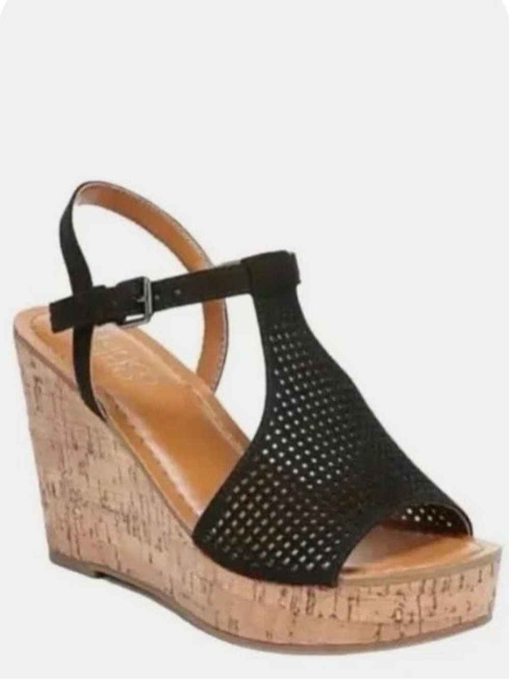 Gently worn Franco Sarto Black Perforated Wedge Sandals with Cork Platform